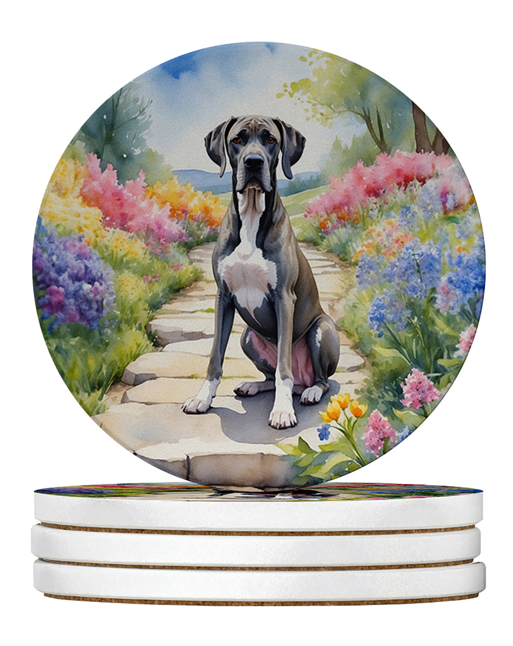 Great Dane Spring Path Large Sandstone Coasters Pack of 4 Absorbent Round Coasters Decor Gifts for Men or Women, 4 in, Multicolor