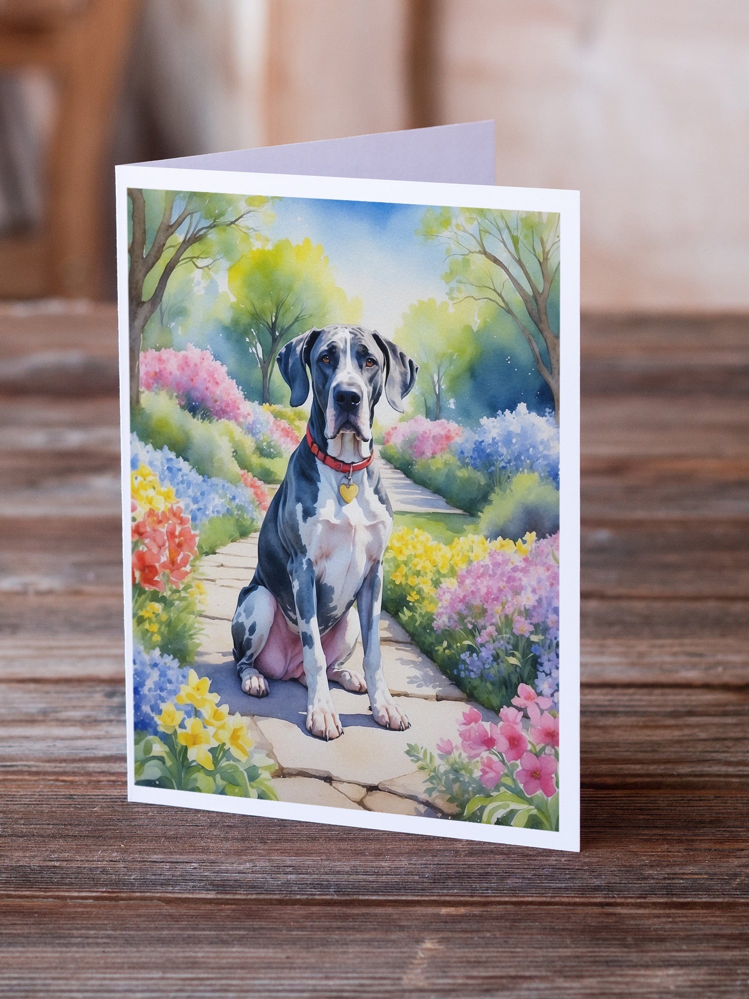 Great Dane Spring Path Greeting Cards Pack of 8 Blank Cards with Envelopes Whimsical A7 Size 5x7