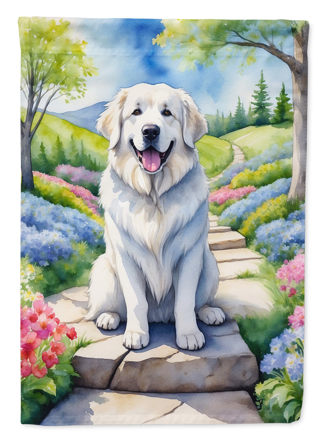 Great Pyrenees Spring Path House Flag 28x40 Porch Sleeve Pole Decorative Outside Yard Banner Artwork Wall Hanging, Polyester