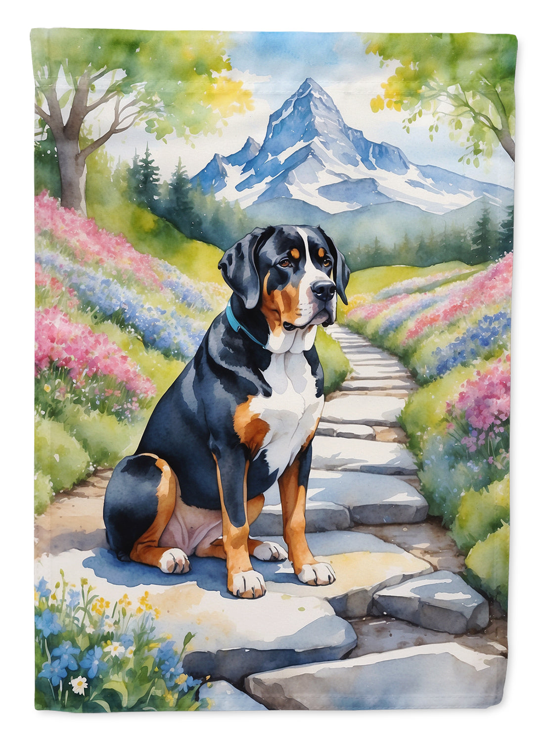 Greater Swiss Mountain Dog Spring Path Garden Flag Mailbox Decorative Yard Banner Outside Patio Artwork for Flower Beds, Garden Size, Multicolor