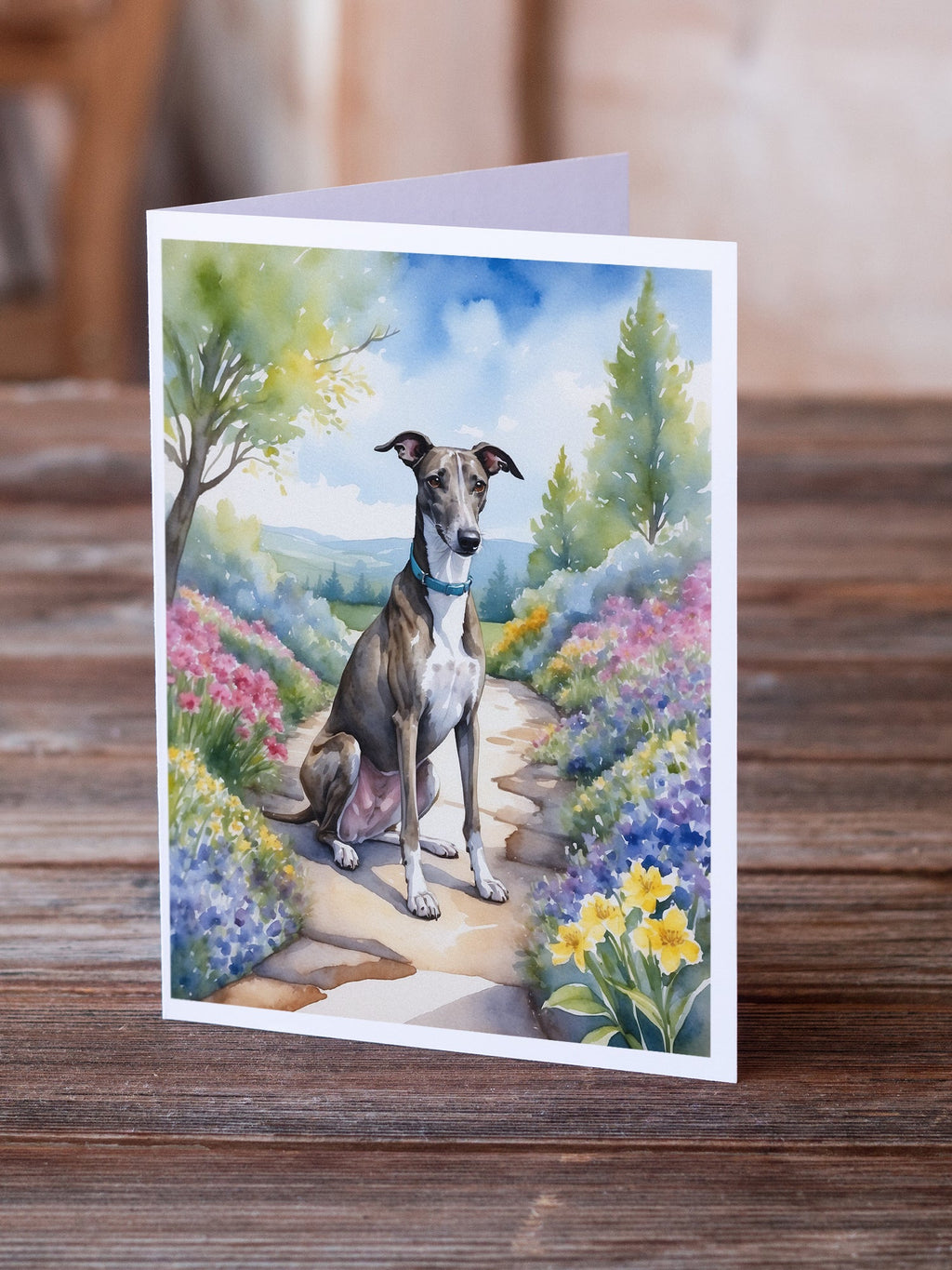 Greyhound Spring Path Greeting Cards Pack of 8 Blank Cards with Envelopes Whimsical A7 Size 5x7