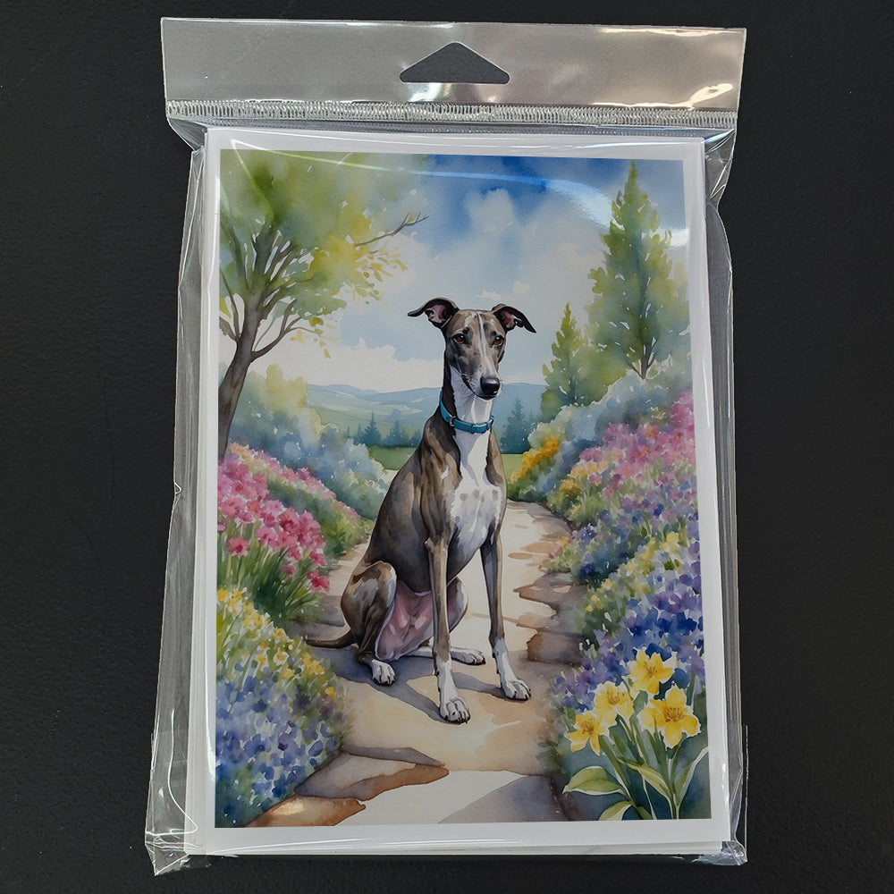 Greyhound Spring Path Greeting Cards Pack of 8 Blank Cards with Envelopes Whimsical A7 Size 5x7