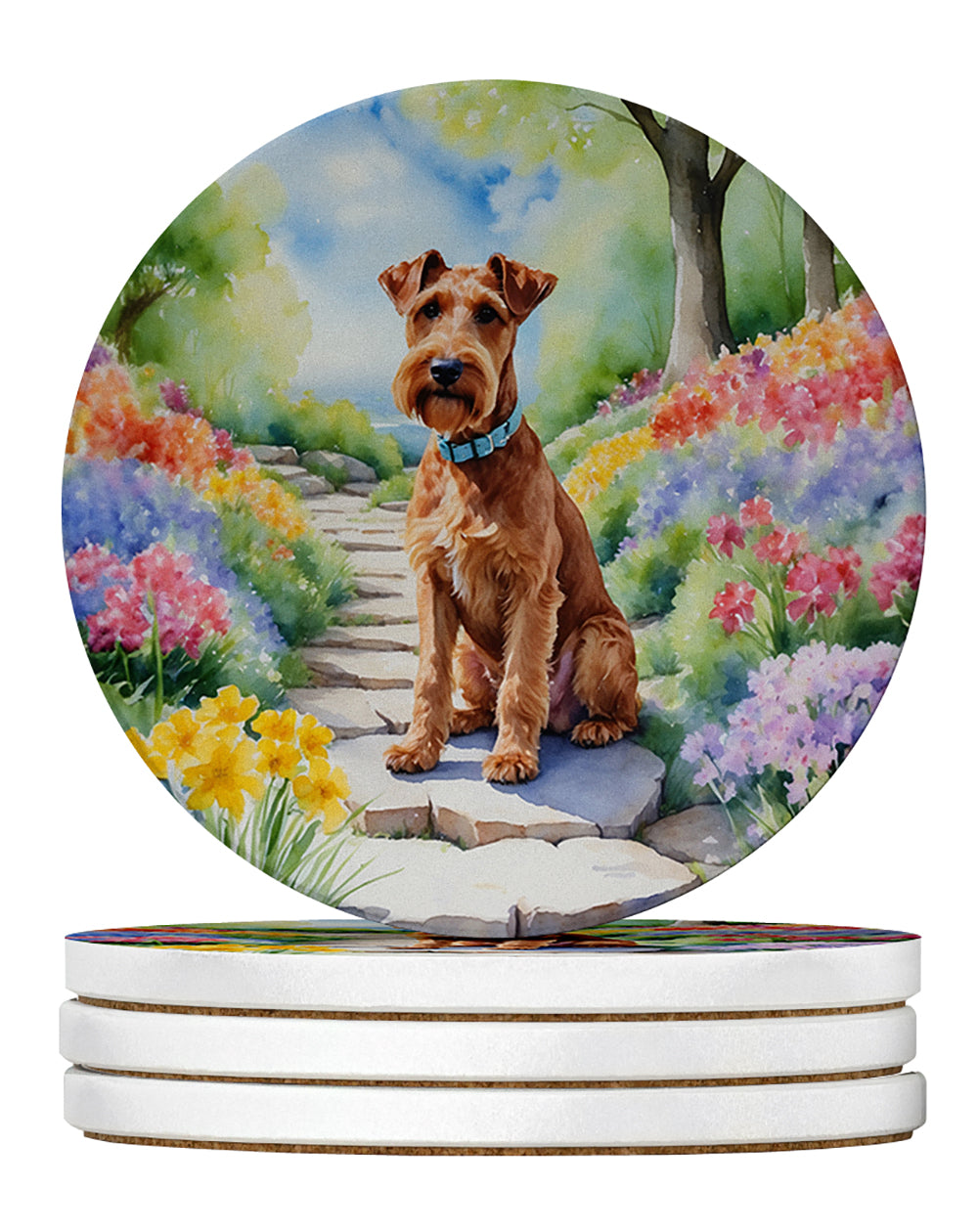 Irish Terrier Spring Path Large Sandstone Coasters Pack of 4 Absorbent Round Coasters Decor Gifts for Men or Women, 4 in, Multicolor