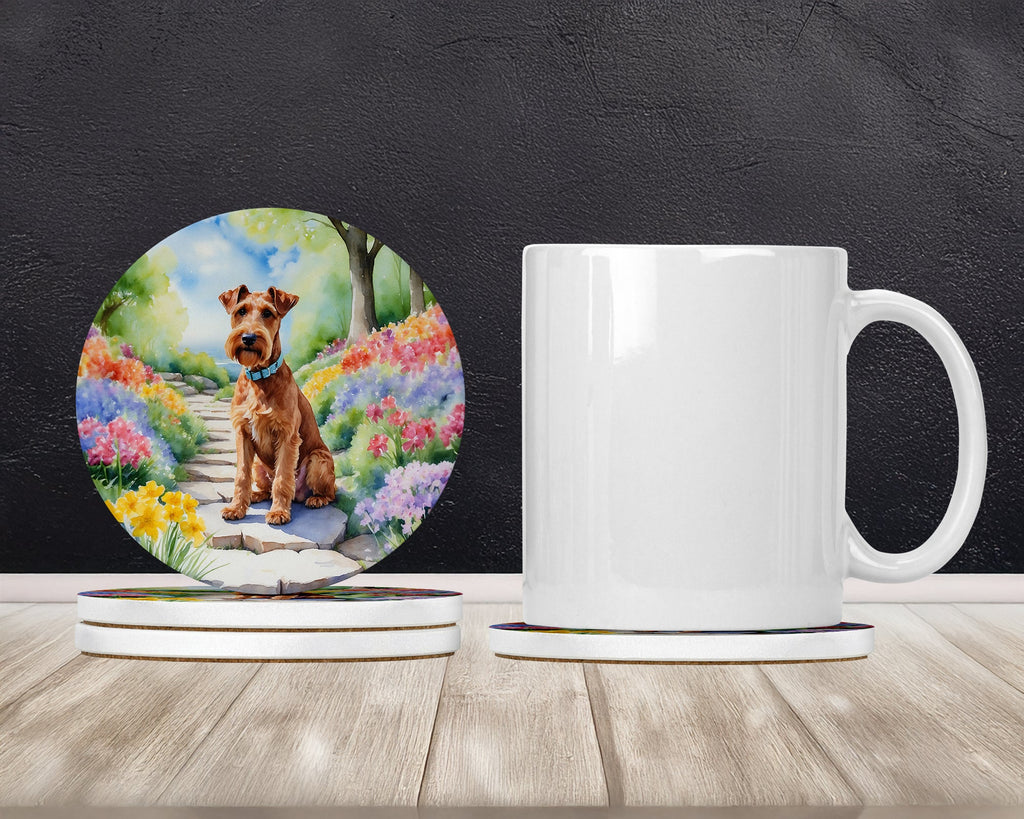 Irish Terrier Spring Path Large Sandstone Coasters Pack of 4 Absorbent Round Coasters Decor Gifts for Men or Women, 4 in, Multicolor
