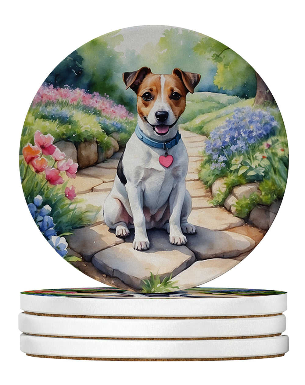 Jack Russell Terrier Spring Path Large Sandstone Coasters Pack of 4 Absorbent Round Coasters Decor Gifts for Men or Women, 4 in, Multicolor