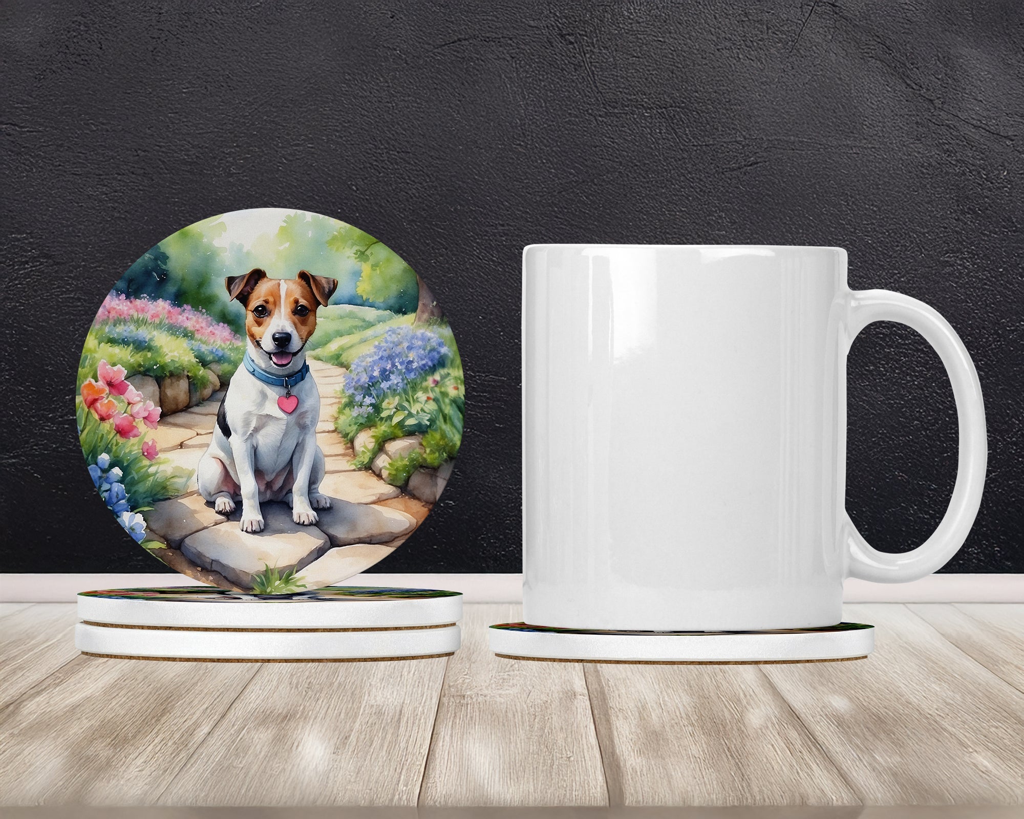 Jack Russell Terrier Spring Path Large Sandstone Coasters Pack of 4 Absorbent Round Coasters Decor Gifts for Men or Women, 4 in, Multicolor