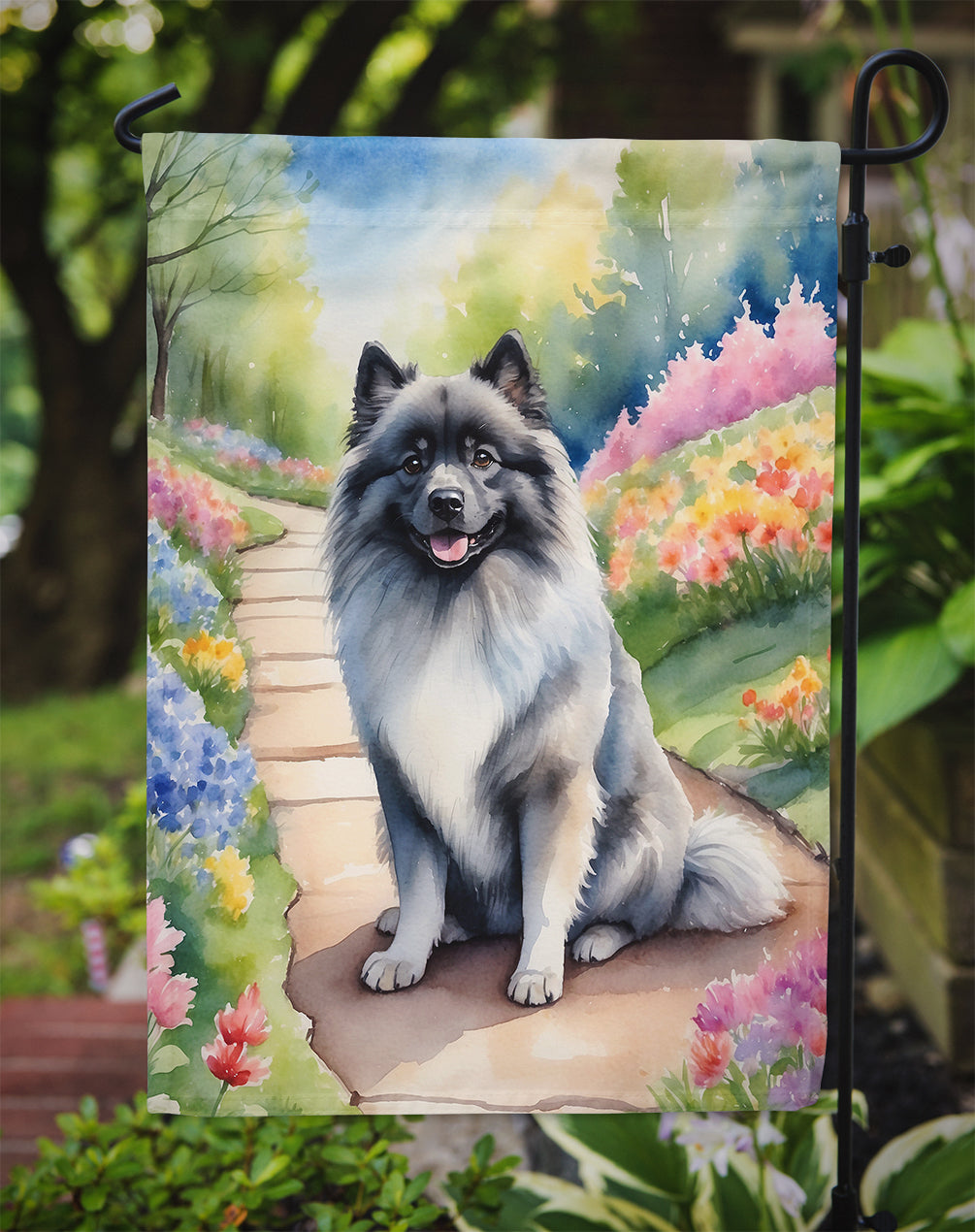 Keeshond Spring Path Garden Flag Mailbox Decorative Yard Banner Outside Patio Artwork for Flower Beds, Garden Size, Multicolor