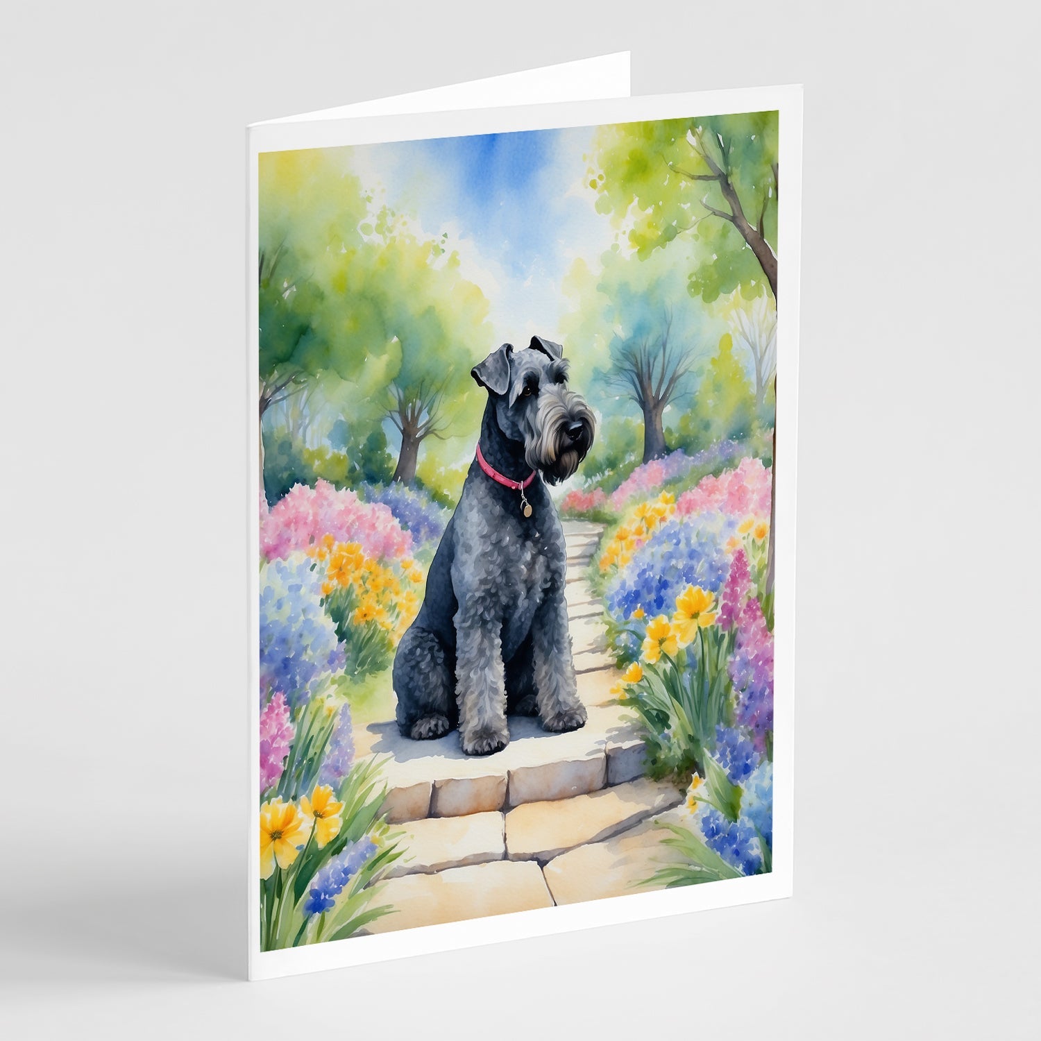 Kerry Blue Terrier Spring Path Greeting Cards Pack of 8 Blank Cards with Envelopes Whimsical A7 Size 5x7