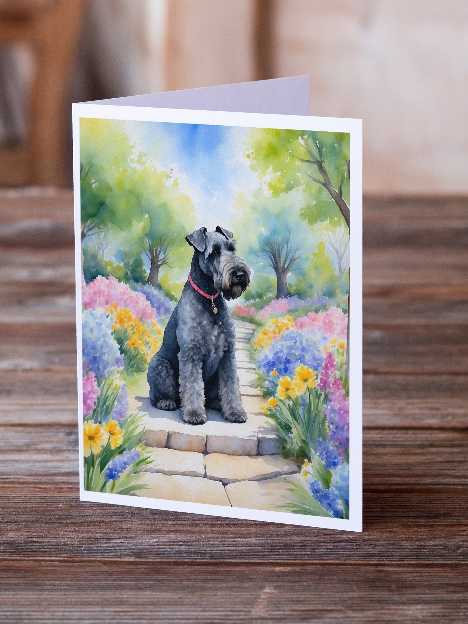 Kerry Blue Terrier Spring Path Greeting Cards Pack of 8 Blank Cards with Envelopes Whimsical A7 Size 5x7