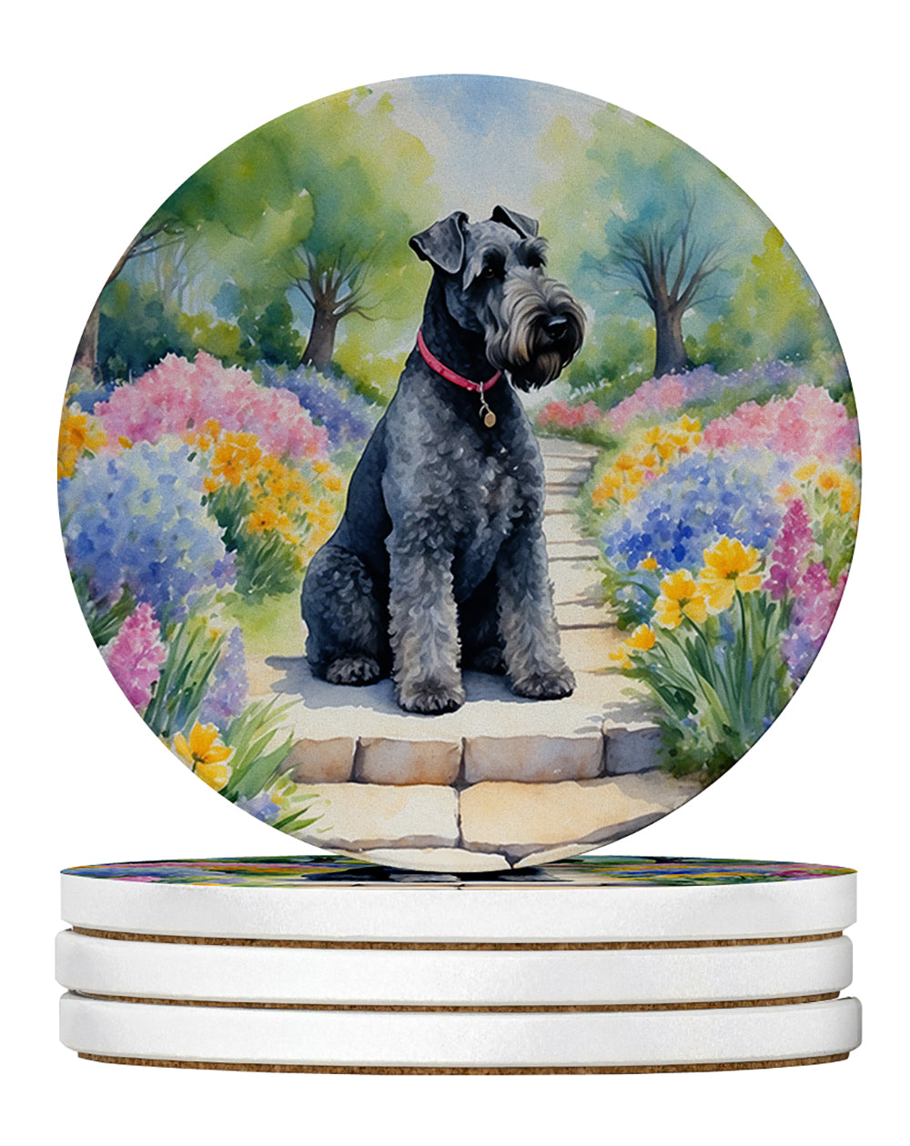 Kerry Blue Terrier Spring Path Large Sandstone Coasters Pack of 4 Absorbent Round Coasters Decor Gifts for Men or Women, 4 in, Multicolor