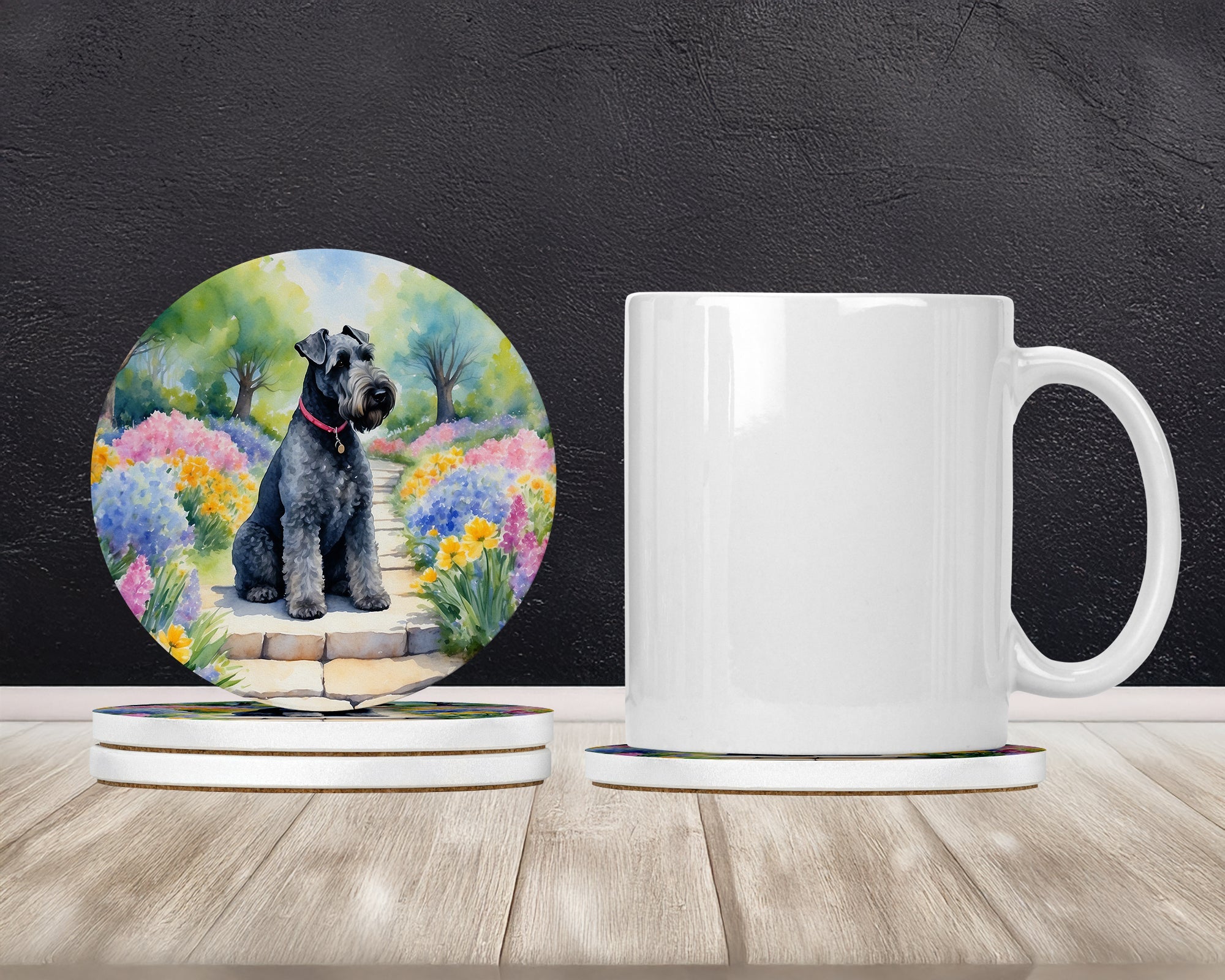 Kerry Blue Terrier Spring Path Large Sandstone Coasters Pack of 4 Absorbent Round Coasters Decor Gifts for Men or Women, 4 in, Multicolor