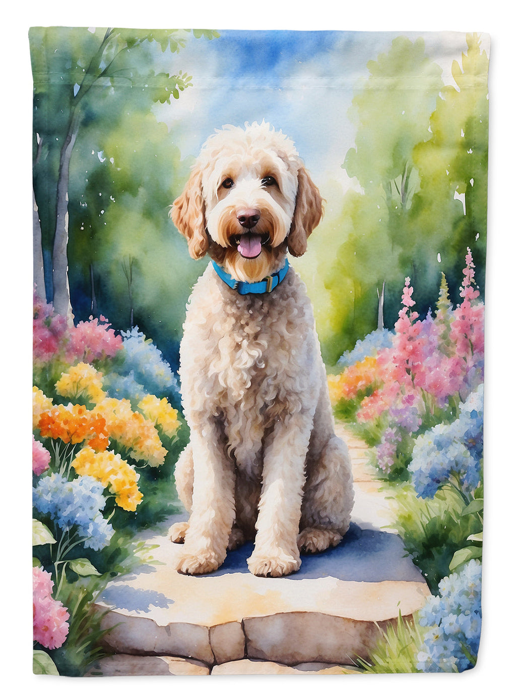 Labradoodle Spring Path House Flag 28x40 Porch Sleeve Pole Decorative Outside Yard Banner Artwork Wall Hanging, Polyester