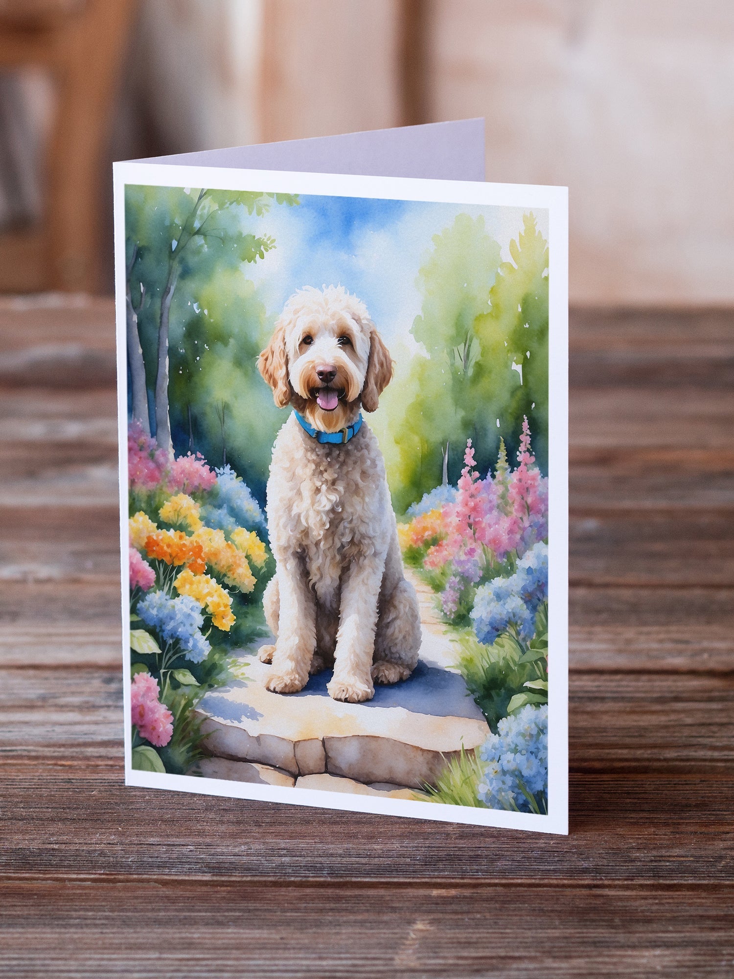 Labradoodle Spring Path Greeting Cards Pack of 8 Blank Cards with Envelopes Whimsical A7 Size 5x7
