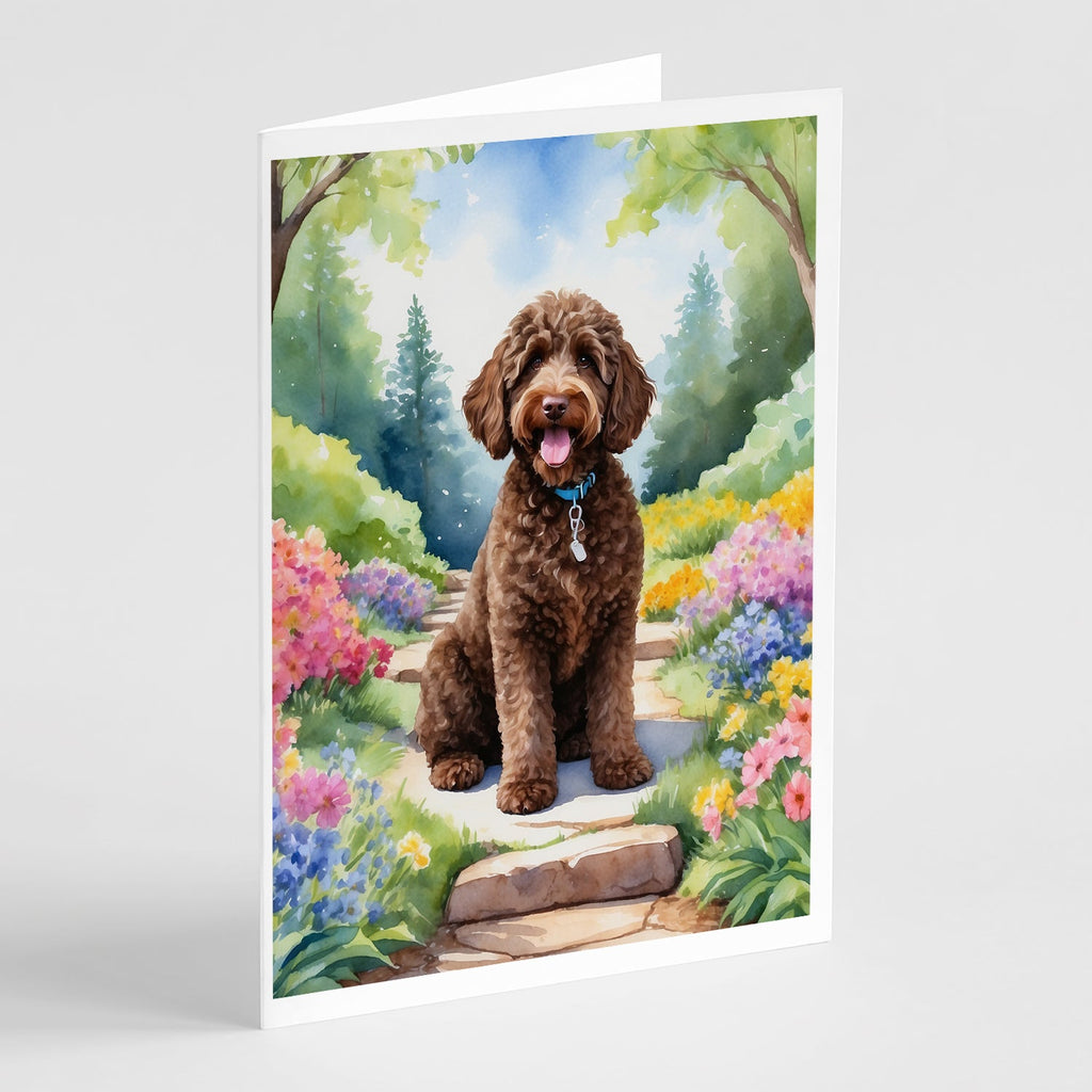 Labradoodle Spring Path Greeting Cards Pack of 8 Blank Cards with Envelopes Whimsical A7 Size 5x7