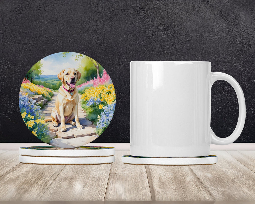Labrador Retriever Spring Path Large Sandstone Coasters Pack of 4 Absorbent Round Coasters Decor Gifts for Men or Women, 4 in, Multicolor