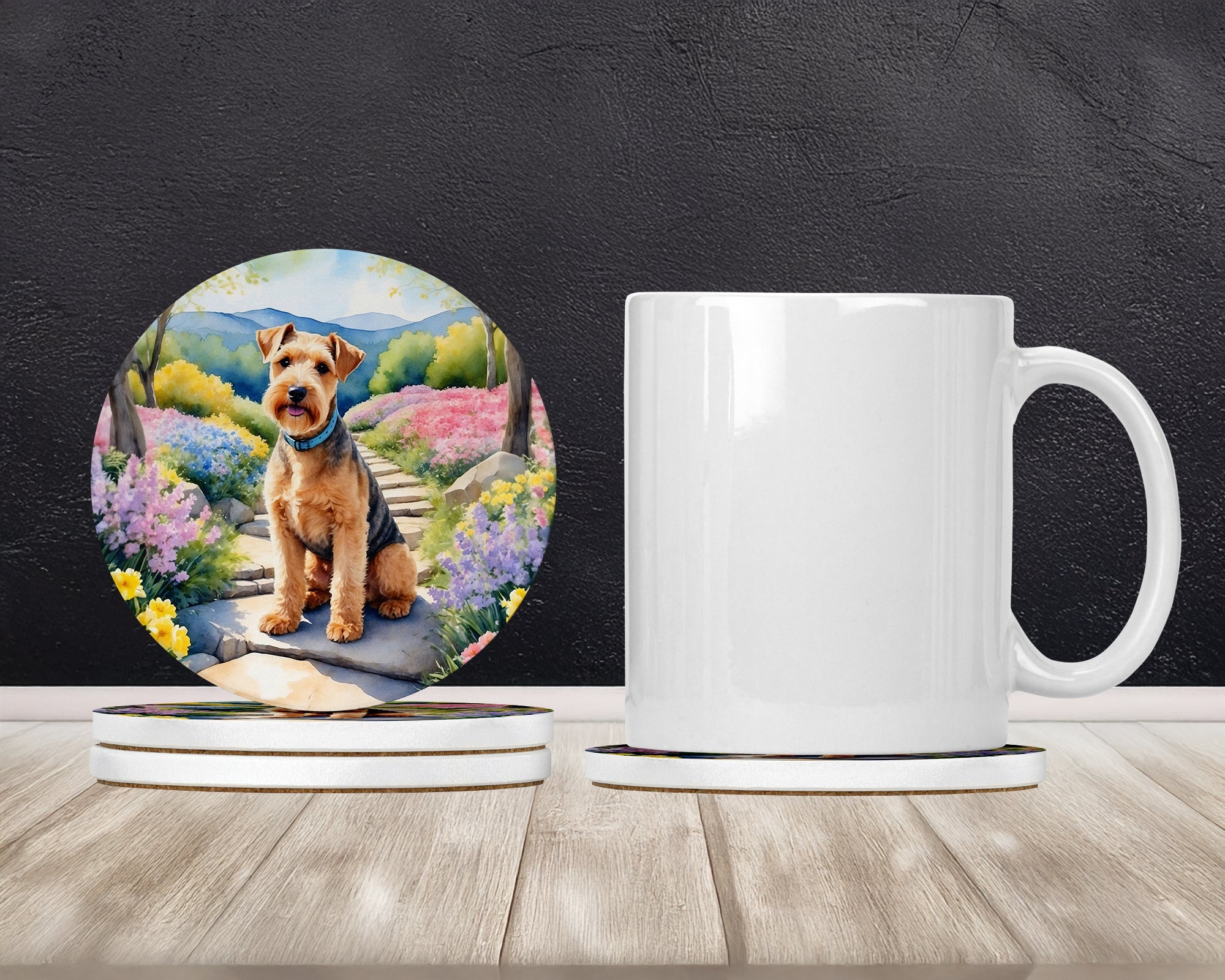 Lakeland Terrier Spring Path Large Sandstone Coasters Pack of 4 Absorbent Round Coasters Decor Gifts for Men or Women, 4 in, Multicolor