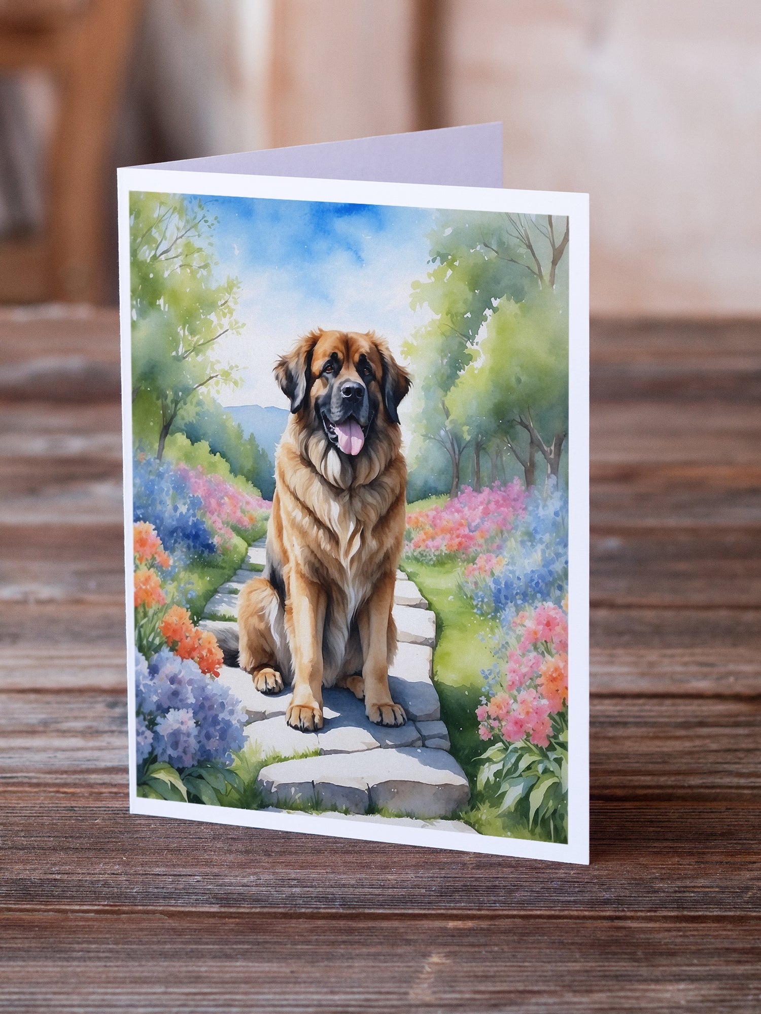 Leonberger Spring Path Greeting Cards Pack of 8 Blank Cards with Envelopes Whimsical A7 Size 5x7