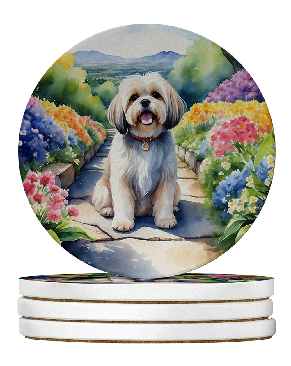 Lhasa Apso Spring Path Large Sandstone Coasters Pack of 4 Absorbent Round Coasters Decor Gifts for Men or Women, 4 in, Multicolor