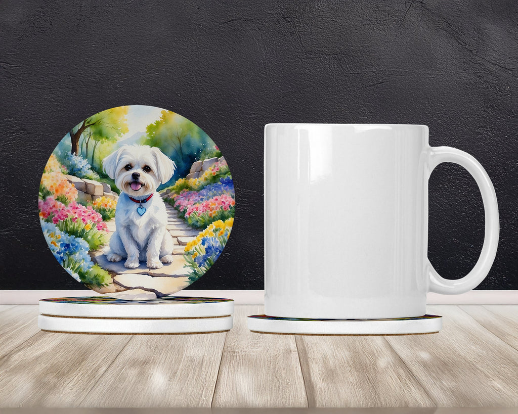 Maltese Spring Path Large Sandstone Coasters Pack of 4 Absorbent Round Coasters Decor Gifts for Men or Women, 4 in, Multicolor
