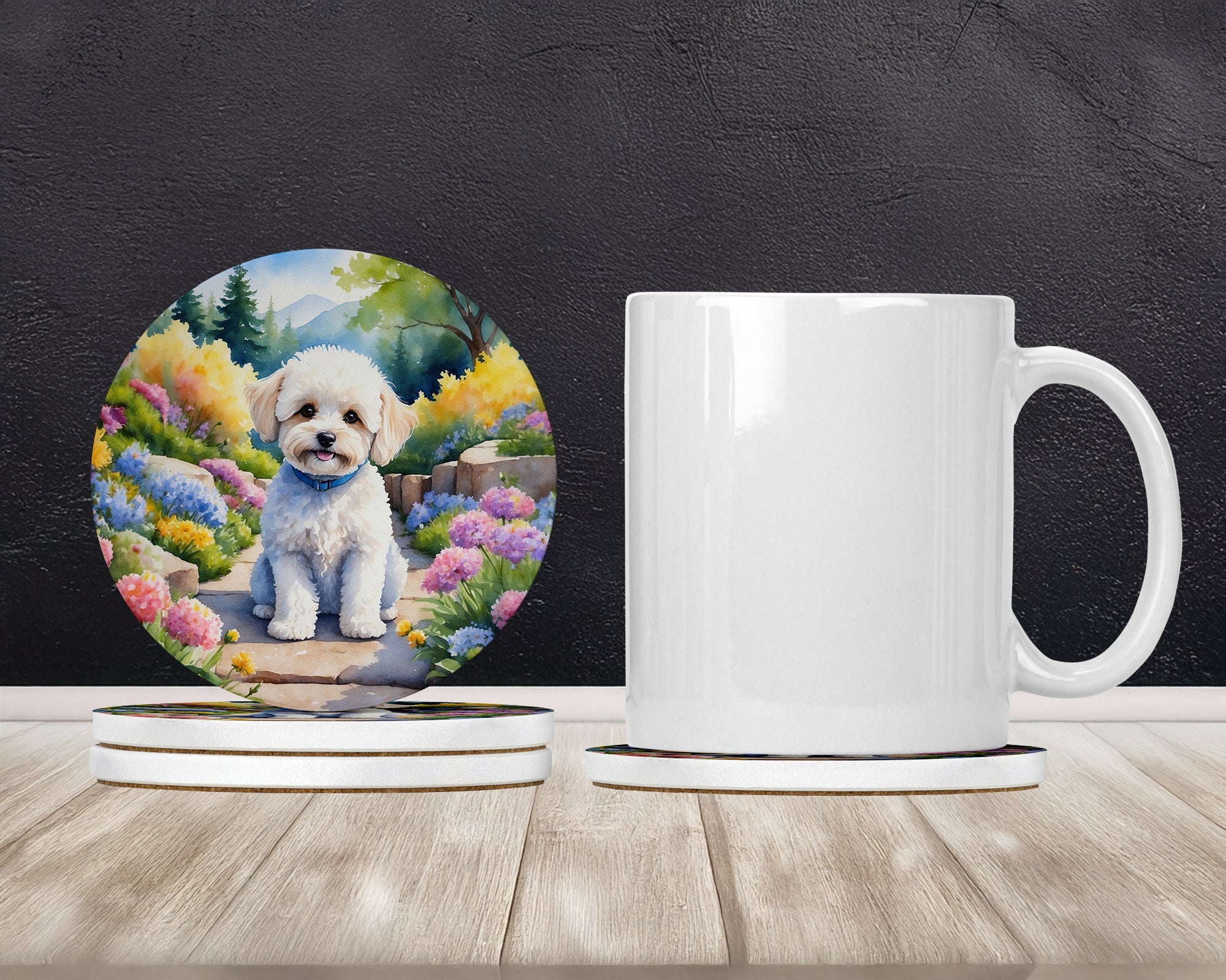 Maltipoo Spring Path Large Sandstone Coasters Pack of 4 Absorbent Round Coasters Decor Gifts for Men or Women, 4 in, Multicolor