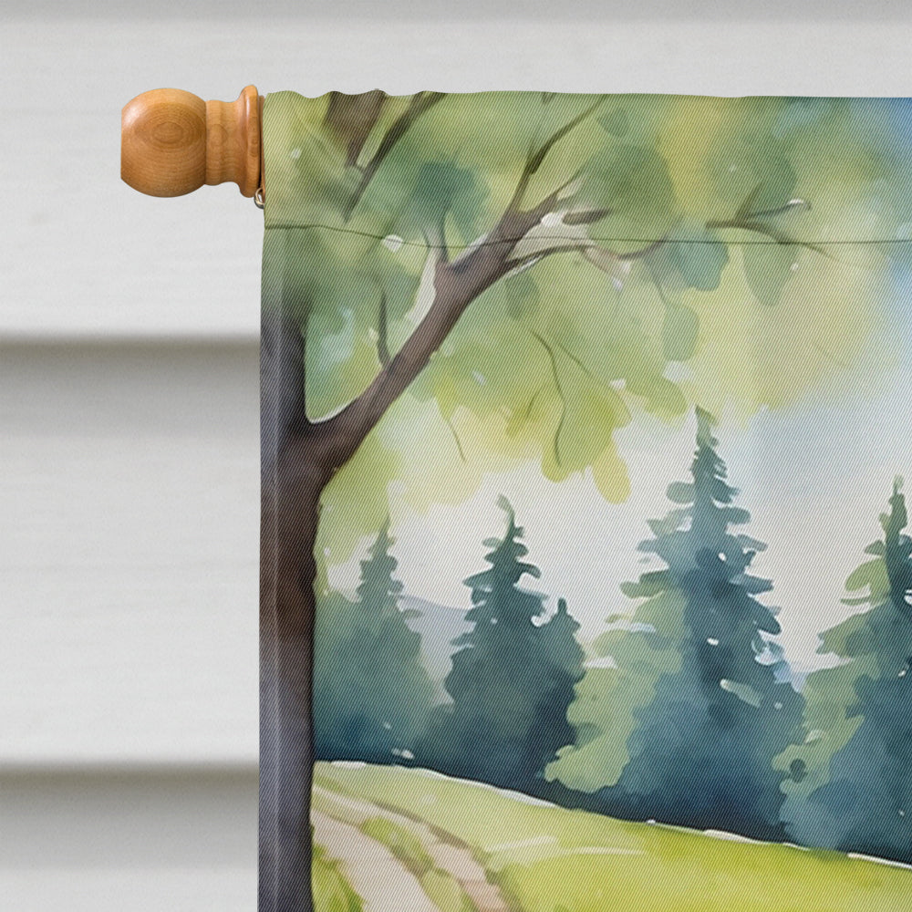 Maltipoo Spring Path House Flag 28x40 Porch Sleeve Pole Decorative Outside Yard Banner Artwork Wall Hanging, Polyester