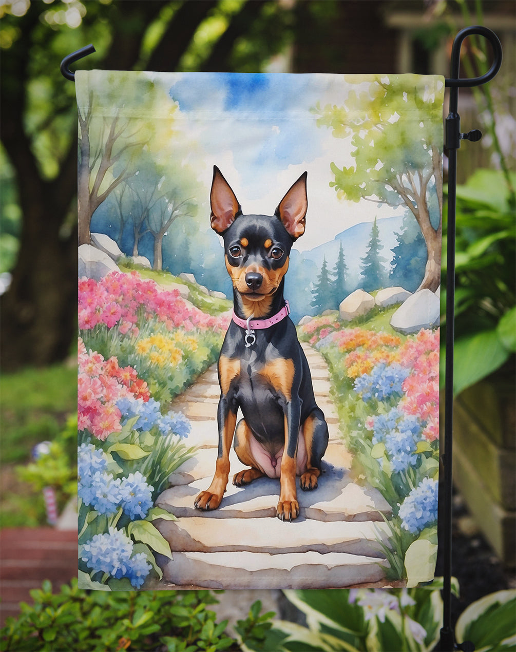Miniature Pinscher Spring Path Garden Flag Mailbox Decorative Yard Banner Outside Patio Artwork for Flower Beds, Garden Size, Multicolor