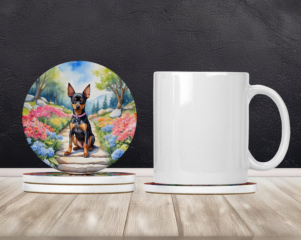 Miniature Pinscher Spring Path Large Sandstone Coasters Pack of 4 Absorbent Round Coasters Decor Gifts for Men or Women, 4 in, Multicolor