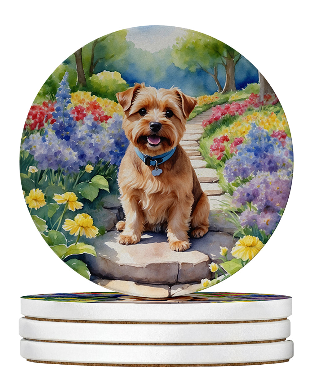 Norfolk Terrier Spring Path Large Sandstone Coasters Pack of 4 Absorbent Round Coasters Decor Gifts for Men or Women, 4 in, Multicolor