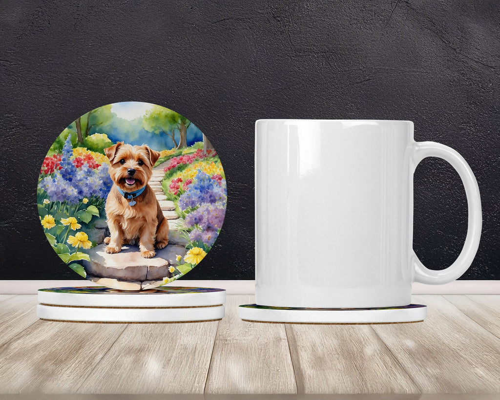 Norfolk Terrier Spring Path Large Sandstone Coasters Pack of 4 Absorbent Round Coasters Decor Gifts for Men or Women, 4 in, Multicolor