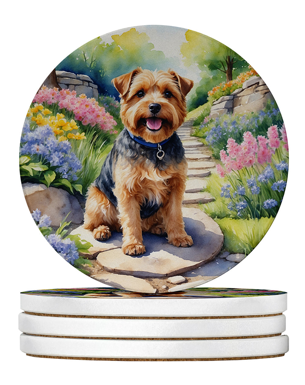 Norfolk Terrier Spring Path Large Sandstone Coasters Pack of 4 Absorbent Round Coasters Decor Gifts for Men or Women, 4 in, Multicolor