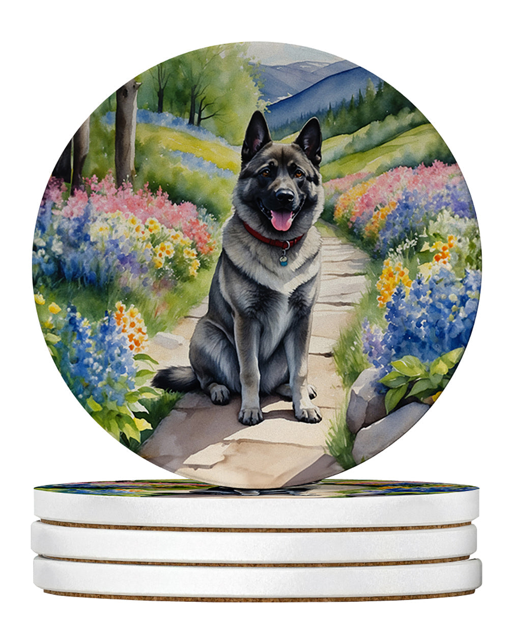 Norwegian Elkhound Spring Path Large Sandstone Coasters Pack of 4 Absorbent Round Coasters Decor Gifts for Men or Women, 4 in, Multicolor
