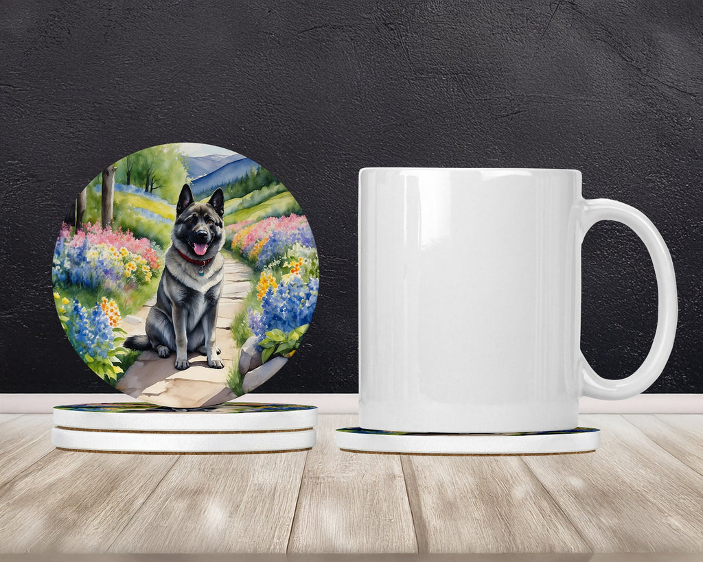 Norwegian Elkhound Spring Path Large Sandstone Coasters Pack of 4 Absorbent Round Coasters Decor Gifts for Men or Women, 4 in, Multicolor
