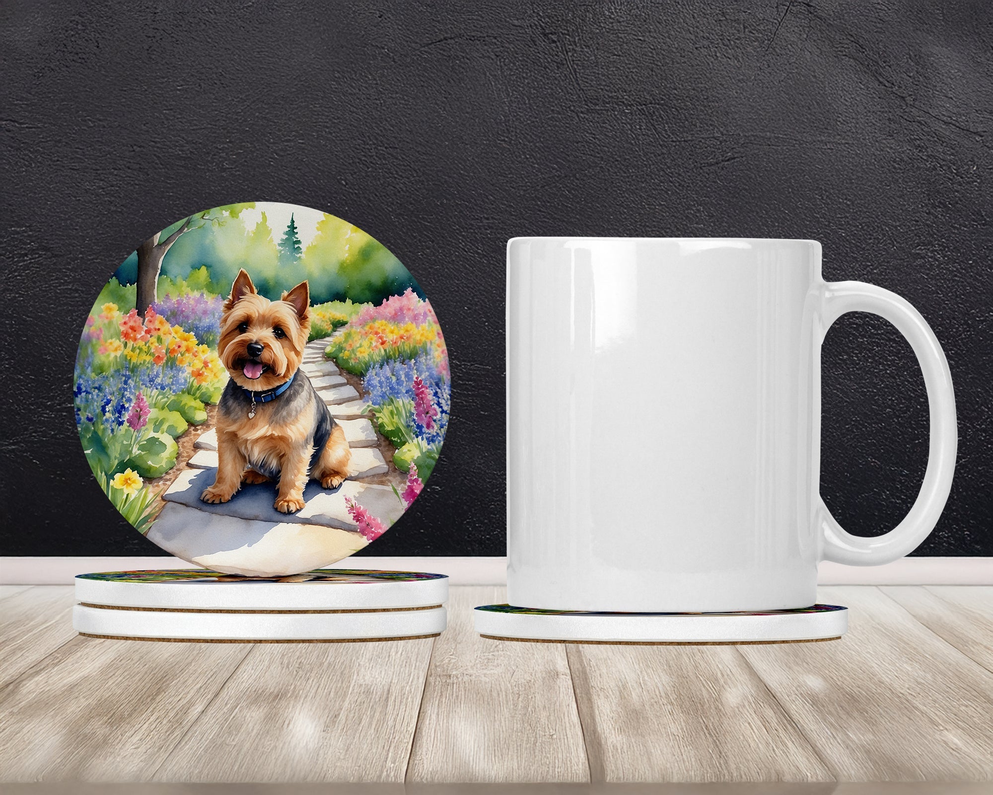 Norwich Terrier Spring Path Large Sandstone Coasters Pack of 4 Absorbent Round Coasters Decor Gifts for Men or Women, 4 in, Multicolor