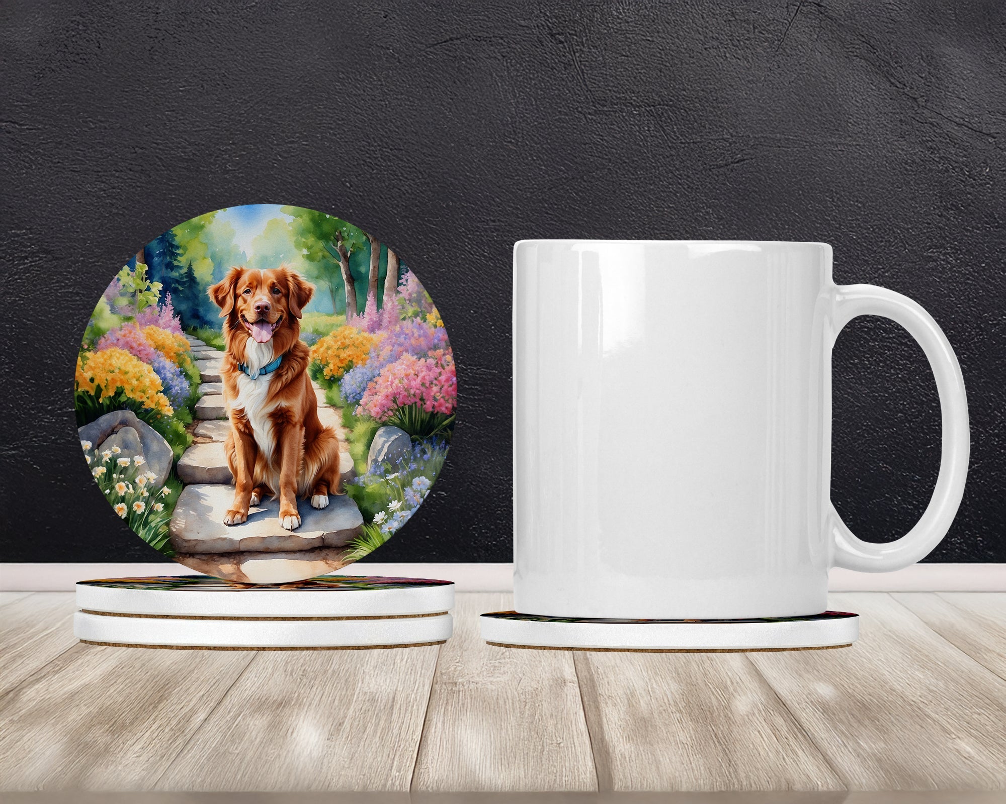 Nova Scotia Duck Tolling Retriever Spring Path Large Sandstone Coasters Pack of 4 Absorbent Round Coasters Decor Gifts for Men or Women, 4 in, Multicolor