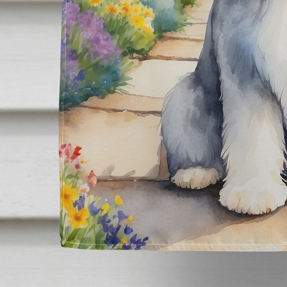 Old English Sheepdog Spring Path House Flag 28x40 Porch Sleeve Pole Decorative Outside Yard Banner Artwork Wall Hanging, Polyester