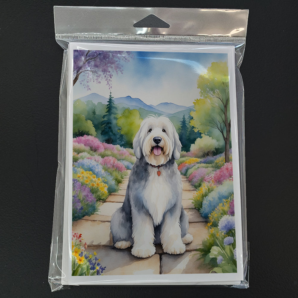 Old English Sheepdog Spring Path Greeting Cards Pack of 8 Blank Cards with Envelopes Whimsical A7 Size 5x7