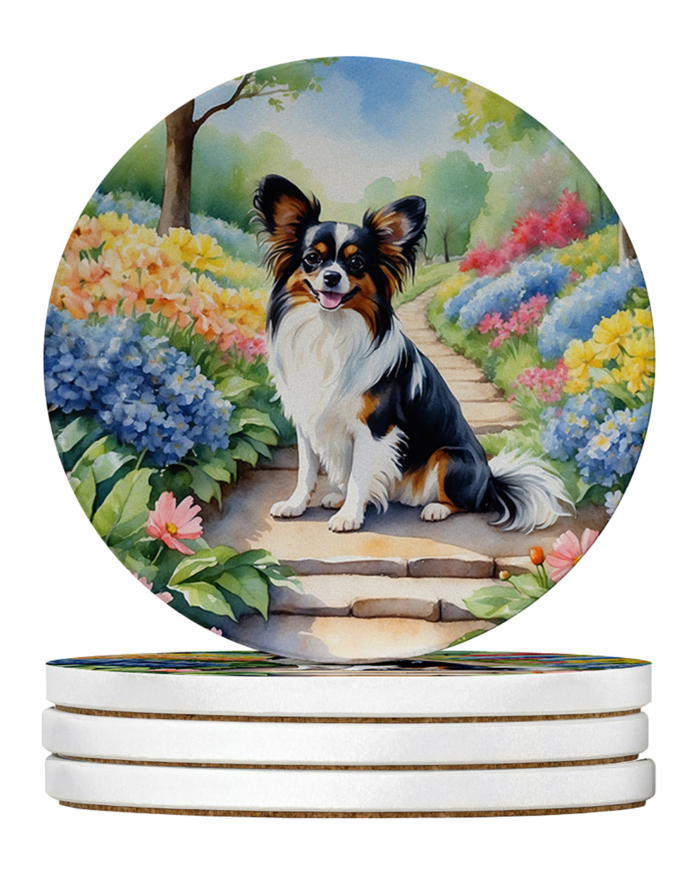 Papillon Spring Path Large Sandstone Coasters Pack of 4 Absorbent Round Coasters Decor Gifts for Men or Women, 4 in, Multicolor