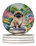 Pekingese Spring Path Large Sandstone Coasters Pack of 4 Absorbent Round Coasters Decor Gifts for Men or Women, 4 in, Multicolor
