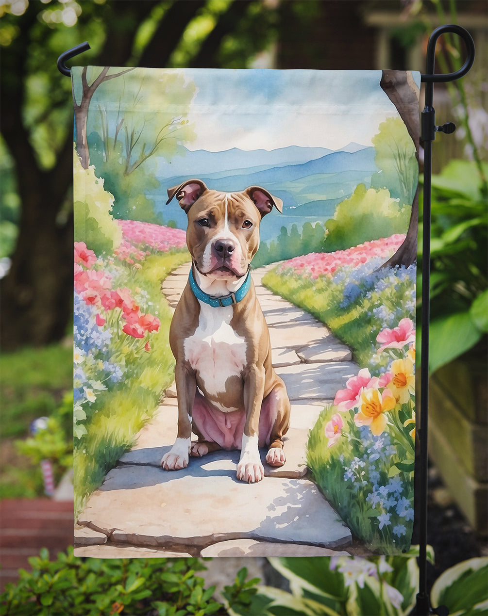 Pit Bull Terrier Spring Path Garden Flag Mailbox Decorative Yard Banner Outside Patio Artwork for Flower Beds, Garden Size, Multicolor