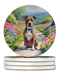 Pit Bull Terrier Spring Path Large Sandstone Coasters Pack of 4 Absorbent Round Coasters Decor Gifts for Men or Women, 4 in, Multicolor