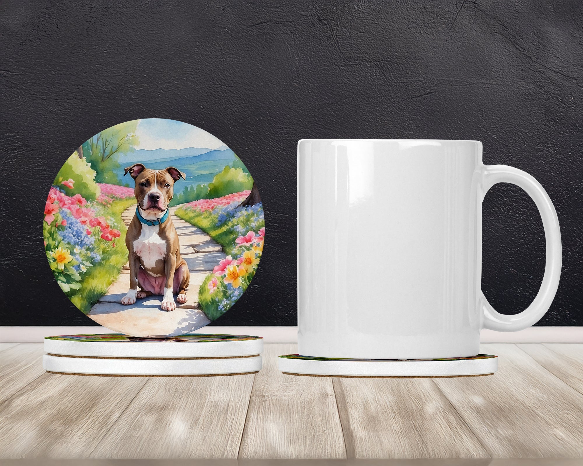 Pit Bull Terrier Spring Path Large Sandstone Coasters Pack of 4 Absorbent Round Coasters Decor Gifts for Men or Women, 4 in, Multicolor