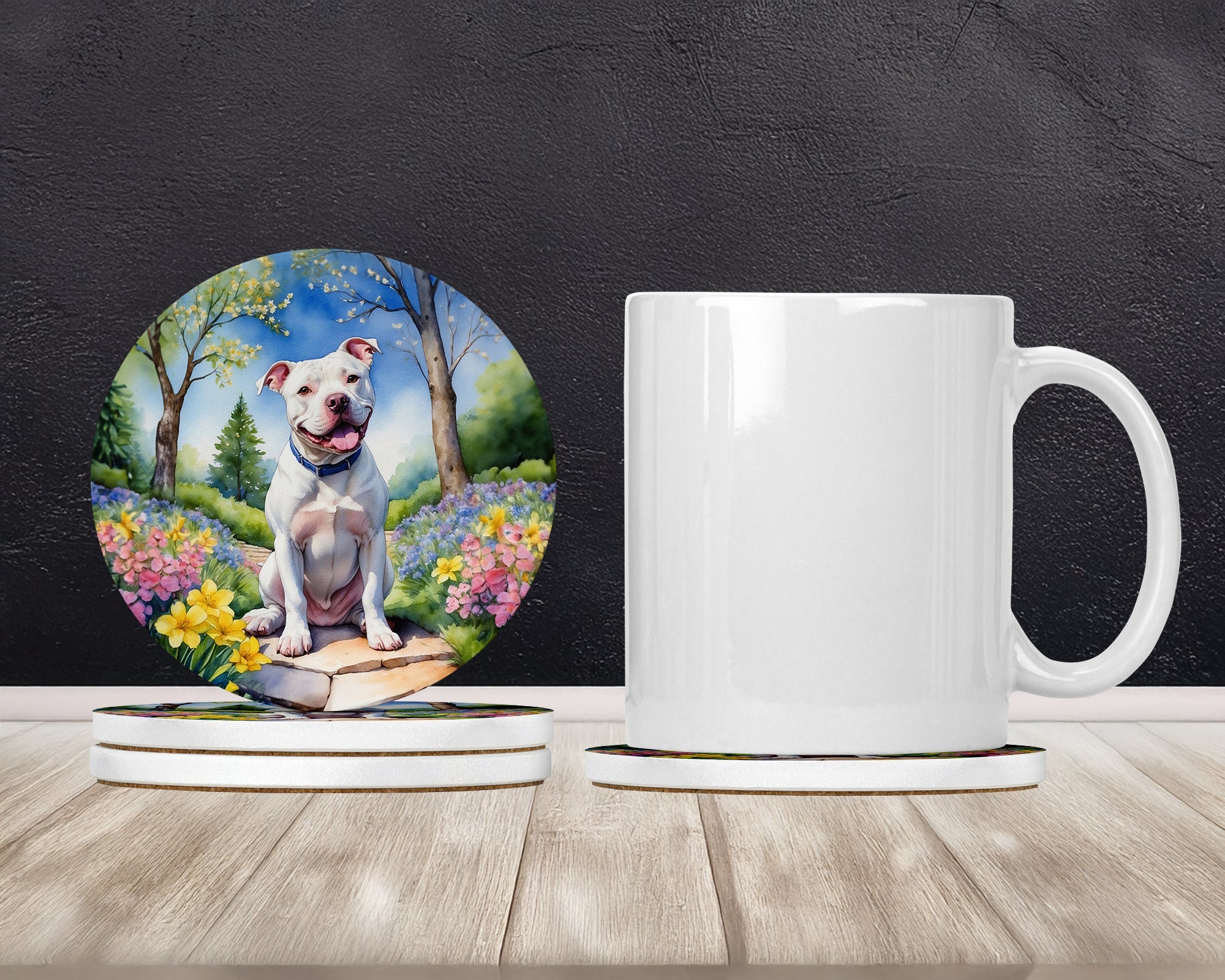 Pit Bull Terrier Spring Path Large Sandstone Coasters Pack of 4 Absorbent Round Coasters Decor Gifts for Men or Women, 4 in, Multicolor