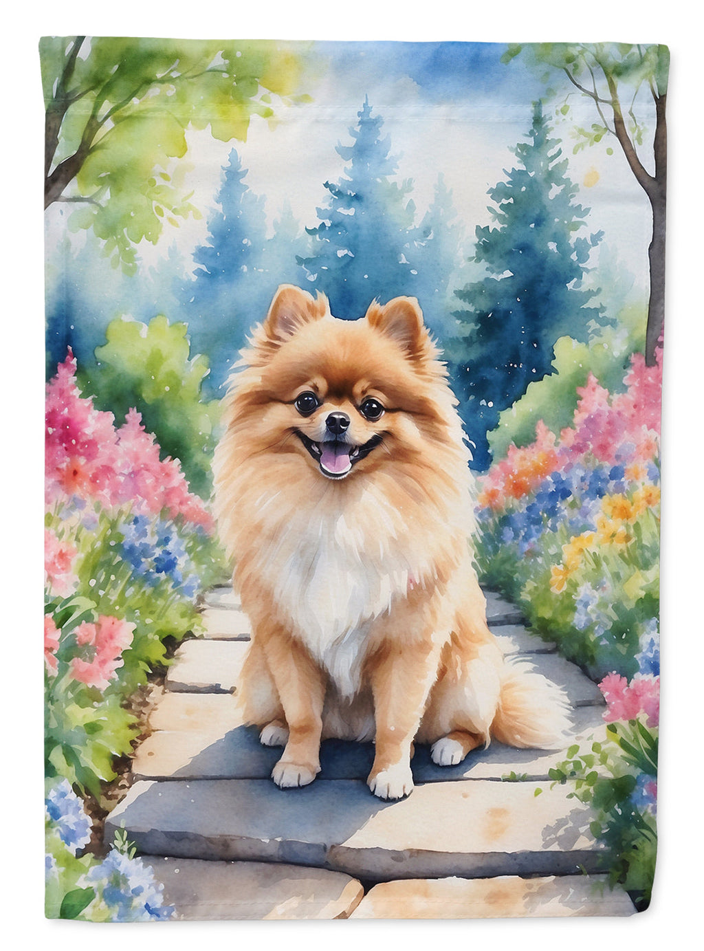 Pomeranian Spring Path House Flag 28x40 Porch Sleeve Pole Decorative Outside Yard Banner Artwork Wall Hanging, Polyester
