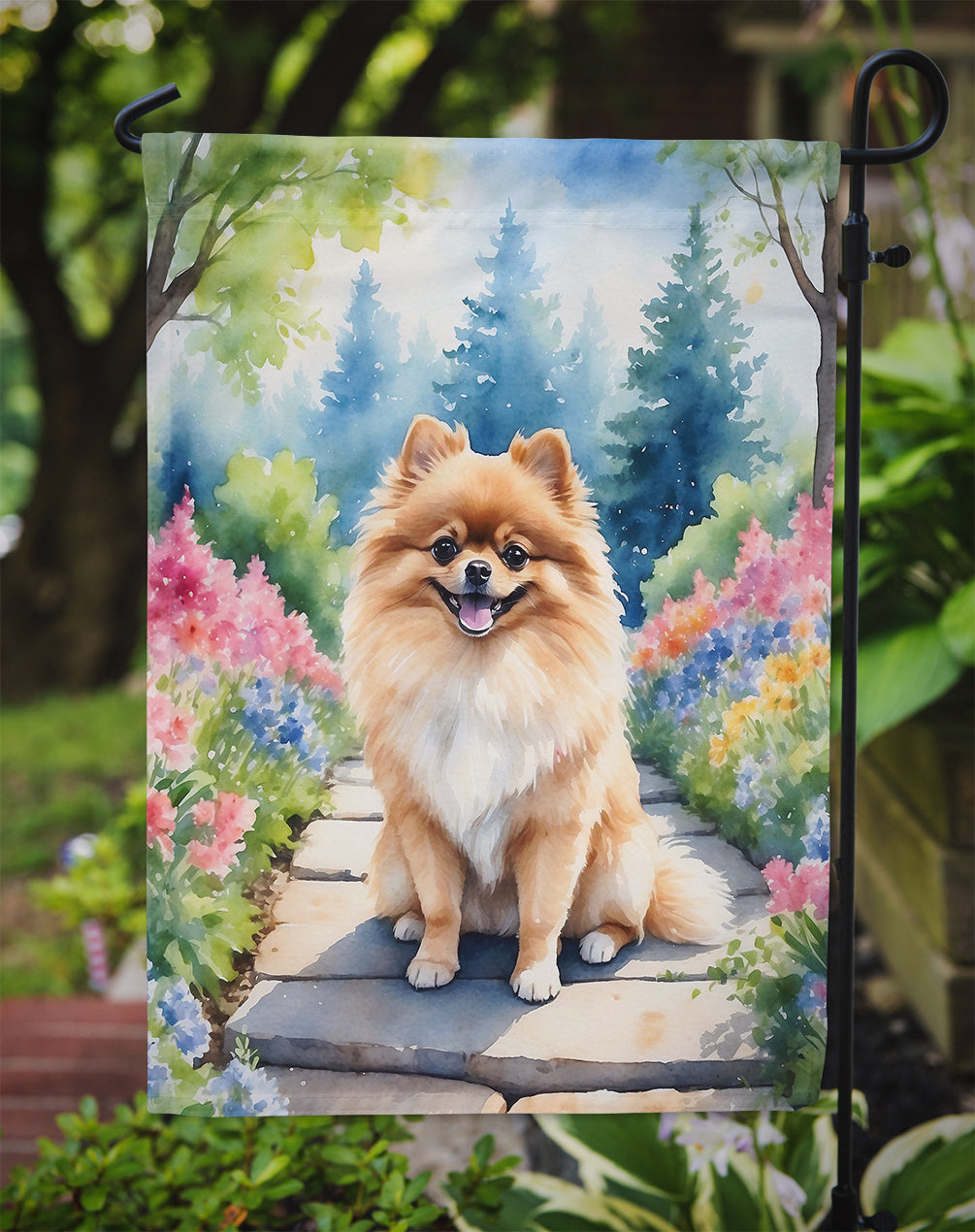 Pomeranian Spring Path Garden Flag Mailbox Decorative Yard Banner Outside Patio Artwork for Flower Beds, Garden Size, Multicolor