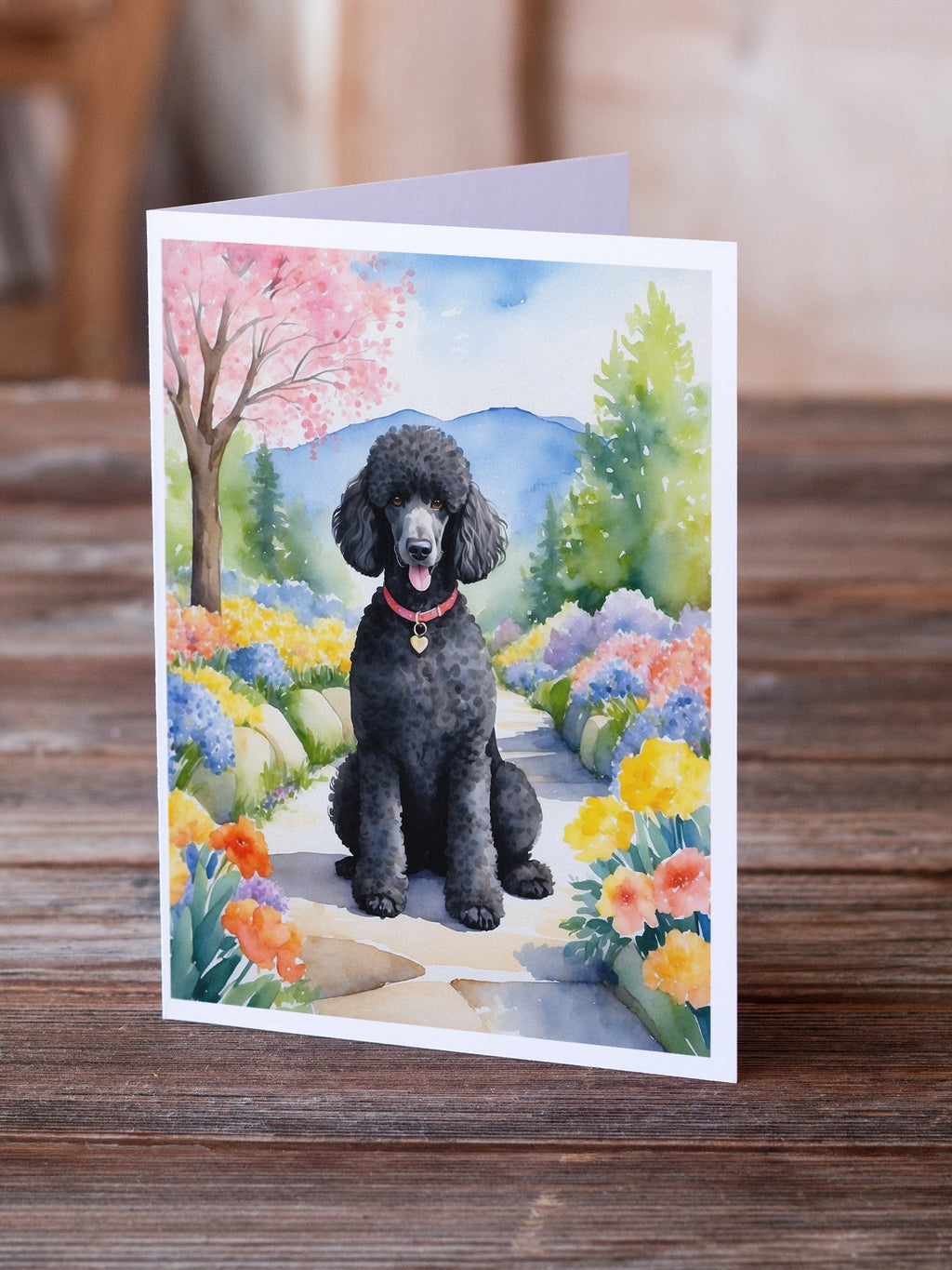 Black Poodle Spring Path Greeting Cards Pack of 8 Blank Cards with Envelopes Whimsical A7 Size 5x7