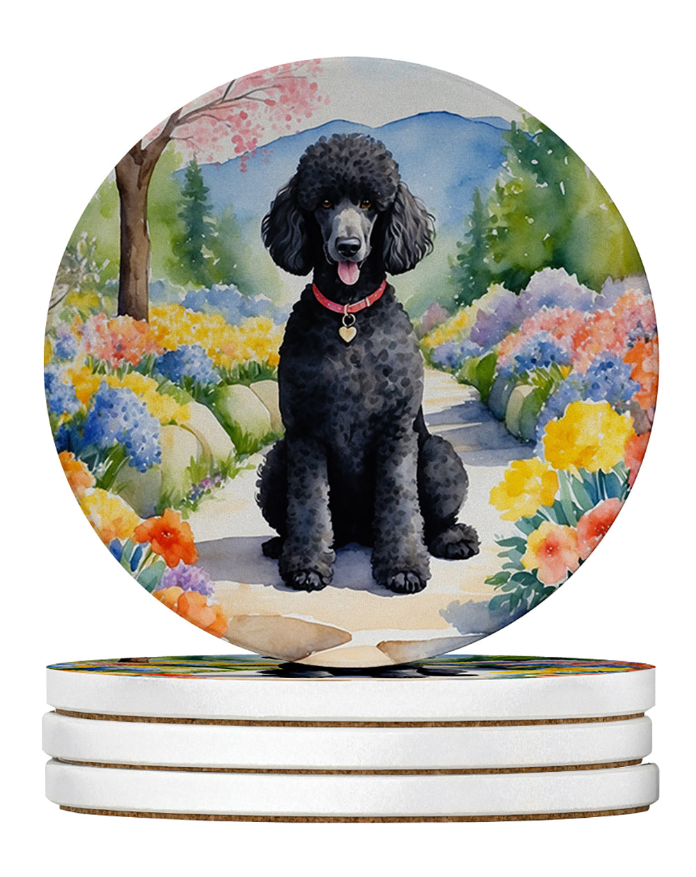 Black Poodle Spring Path Large Sandstone Coasters Pack of 4 Absorbent Round Coasters Decor Gifts for Men or Women, 4 in, Multicolor