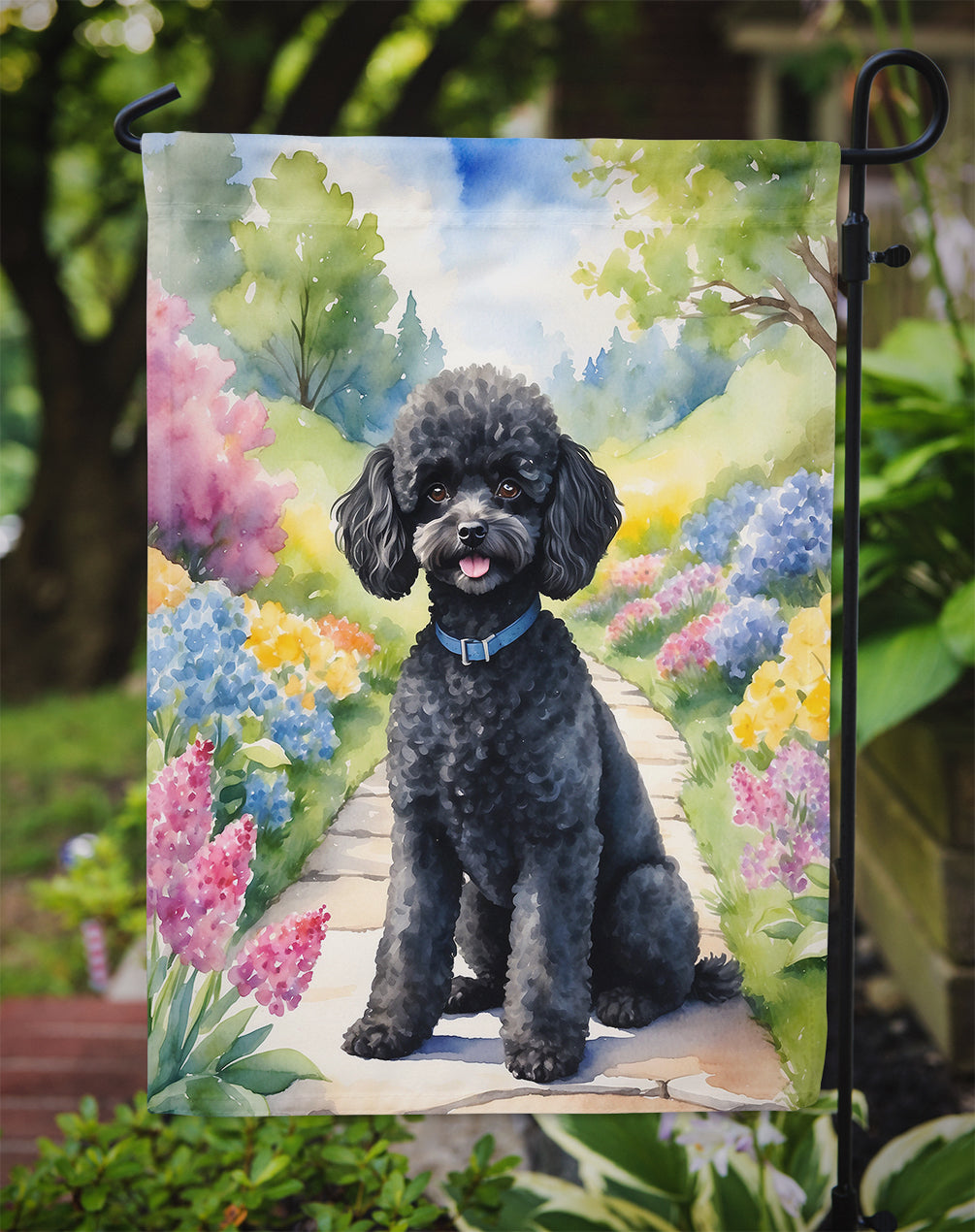 Black Poodle Spring Path Garden Flag Mailbox Decorative Yard Banner Outside Patio Artwork for Flower Beds, Garden Size, Multicolor