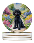 Black Poodle Spring Path Large Sandstone Coasters Pack of 4 Absorbent Round Coasters Decor Gifts for Men or Women, 4 in, Multicolor