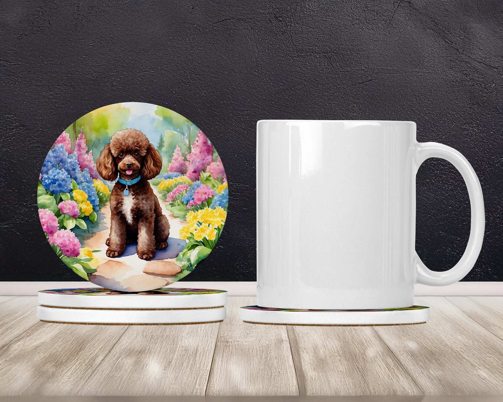 Chocolate Poodle Spring Path Large Sandstone Coasters Pack of 4 Absorbent Round Coasters Decor Gifts for Men or Women, 4 in, Multicolor