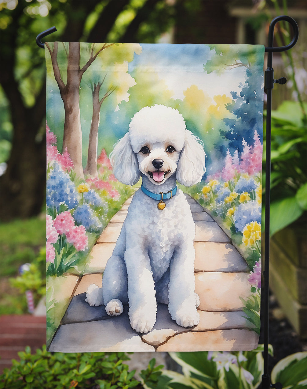 White Poodle Spring Path Garden Flag Mailbox Decorative Yard Banner Outside Patio Artwork for Flower Beds, Garden Size, Multicolor